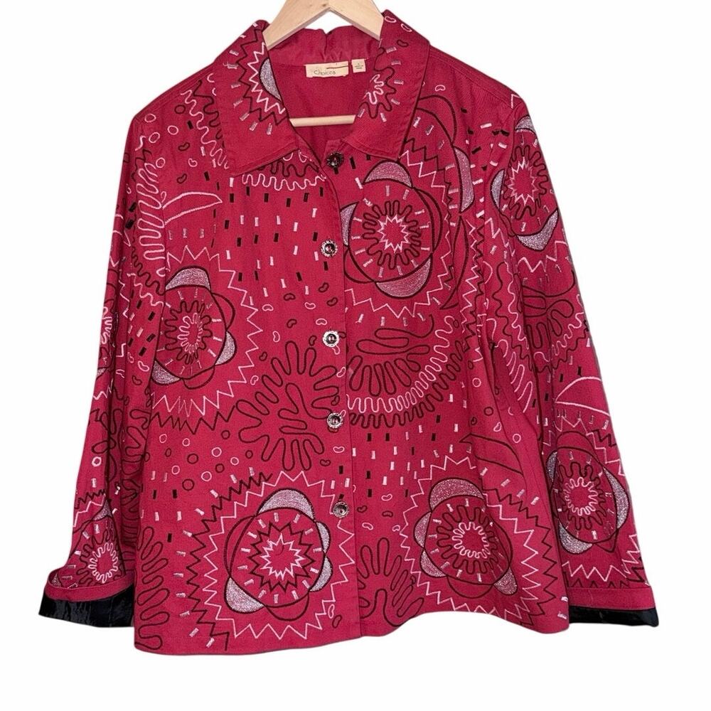 Vintage choices 100% red embroidered button jacket shacket large bandana pattern